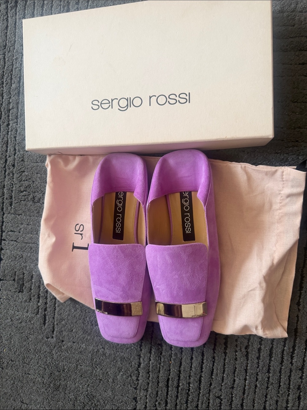 Sergio Rossi Lavender Suede Loafers with Metallic Accent